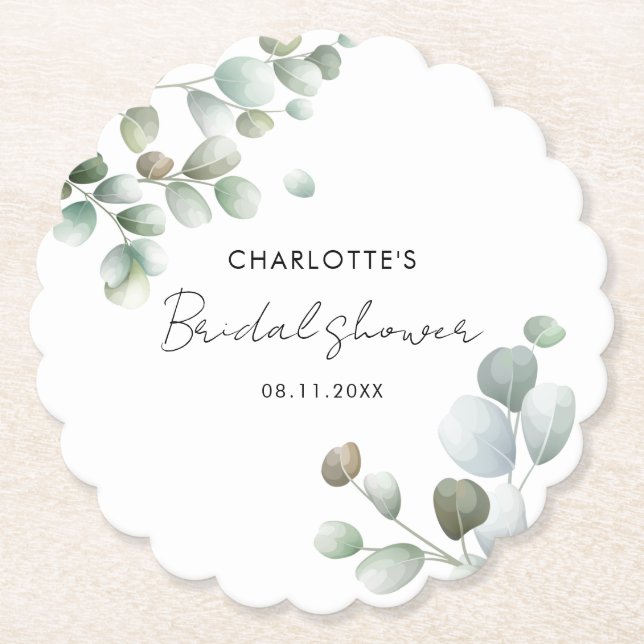 Watercolor Eucalyptus Script Bridal Shower Paper Coaster (Front)
