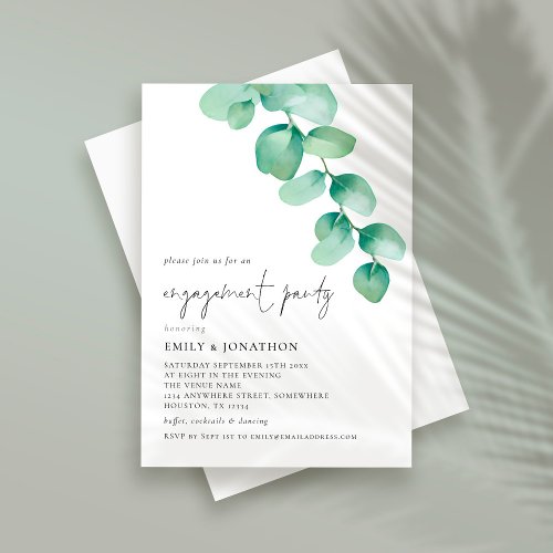 Watercolor Eucalyptus Script Engagement Party Invitation