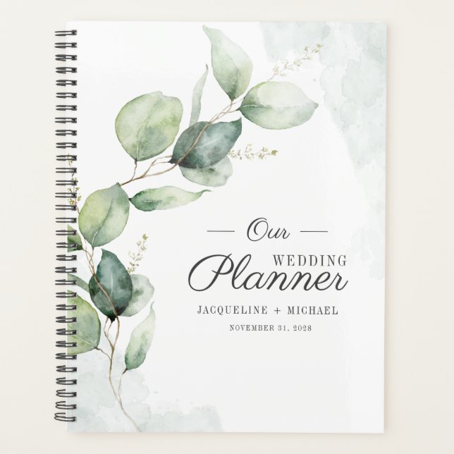 Watercolor Eucalyptus Script Floral Wedding Planner (Front)