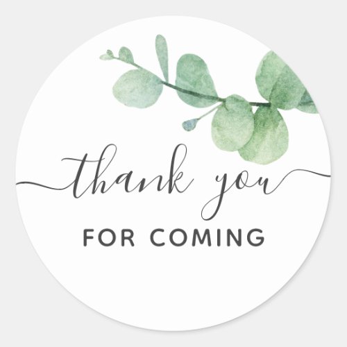 Watercolor eucalyptus script thank you for coming classic round sticker