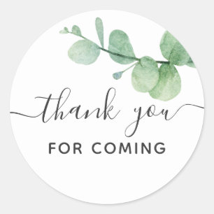 Watercolor eucalyptus script thank you for coming classic round sticker