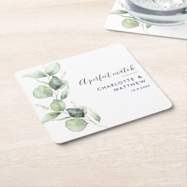 Watercolor Eucalyptus Script Wedding Custom Square Paper Coaster (Angled)