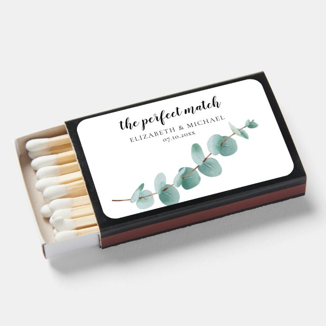 Watercolor Eucalyptus Script Wedding Matchboxes (Front Open)