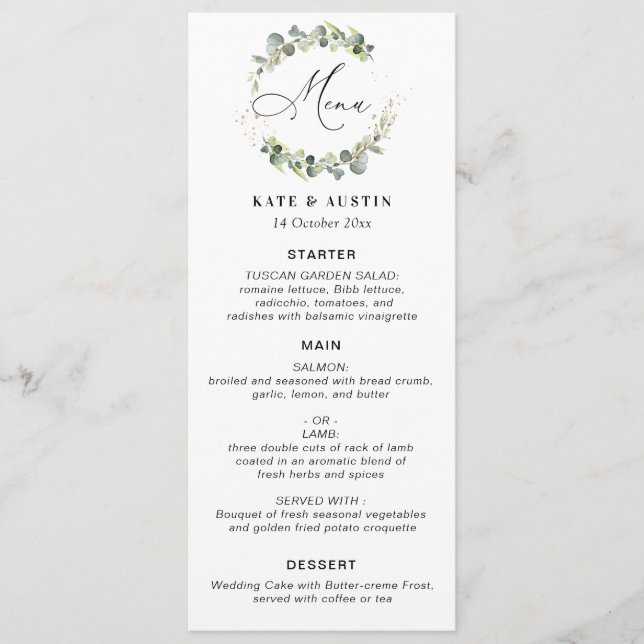 Watercolor eucalyptus script wedding menu (Front)