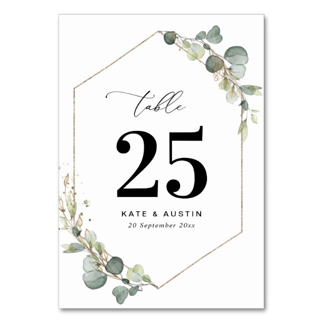 Watercolor eucalyptus script wedding table number (Front)