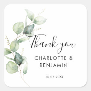Watercolor Eucalyptus Script Wedding Thank You Square Sticker