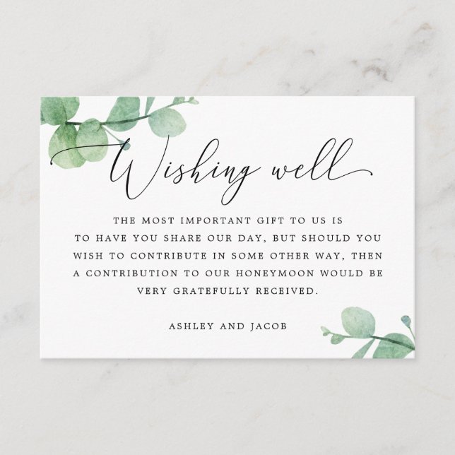 Watercolor eucalyptus script wedding wishing well enclosure card (Front)