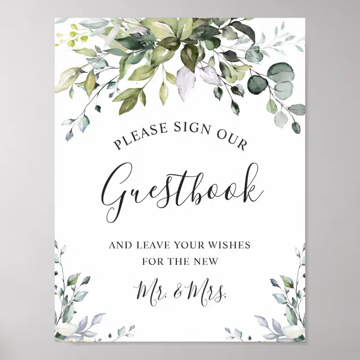 8x10 Sign Wedding Please Sign our Guest Book Sign Watercolor Greenery with Eucalyptus Print on Thick Cardstock Paper NOT FRAMED Guestbook Sign Wedding Decoration | 1