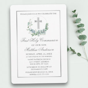 Watercolor Eucalyptus Silver First Communion Invitation