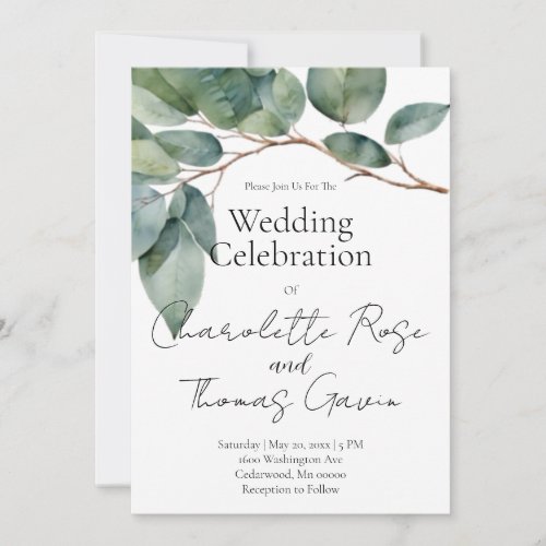 Watercolor eucalyptus soft teal green Wedding Invitation