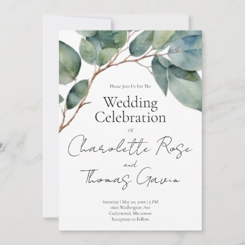 Watercolor eucalyptus soft teal green Wedding Invitation