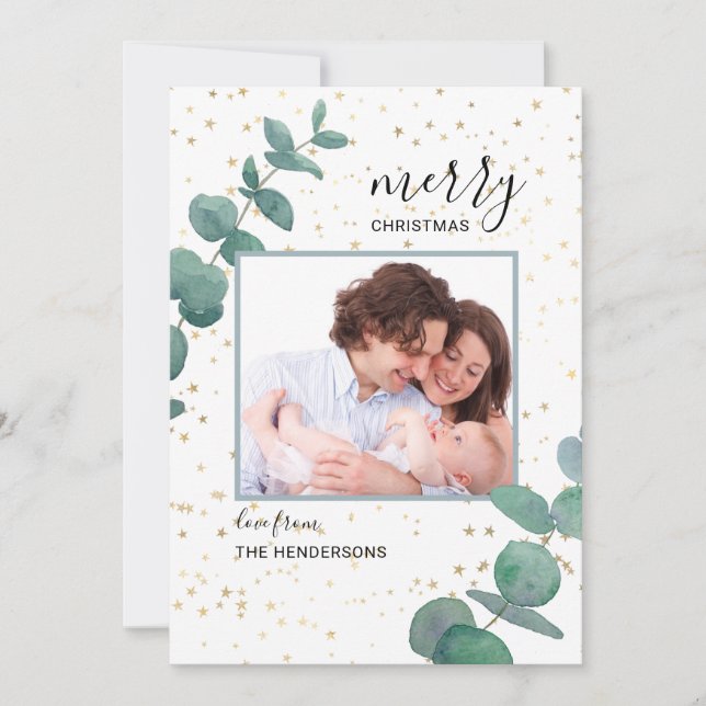 Watercolor Eucalyptus Stars Photo Christmas Card (Front)