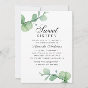 Watercolor eucalyptus Sweet 16. Greenery foliage Invitation