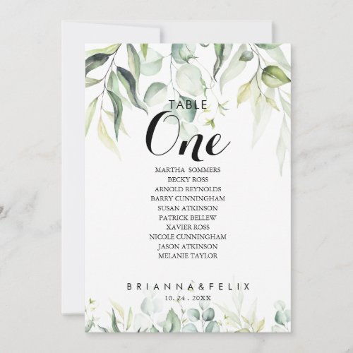 Watercolor Eucalyptus Table Number 1 Seating Chart