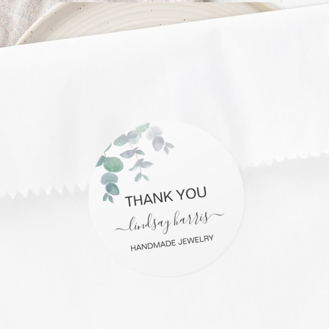 Watercolor Eucalyptus Thank You Jewelry  Classic Round Sticker (Creator Uploaded)