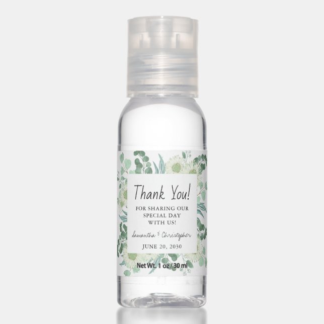 Watercolor Eucalyptus Thank You Wedding Favor Hand Sanitizer (Front)