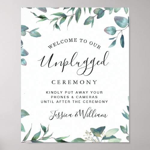 Watercolor Eucalyptus Unplugged Wedding Ceremony Poster
