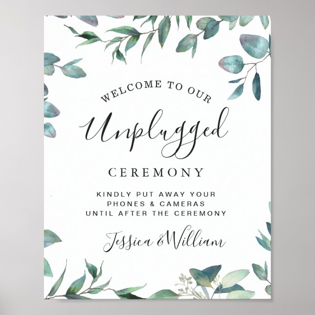 Watercolor Eucalyptus Unplugged Wedding Ceremony Poster (Front)