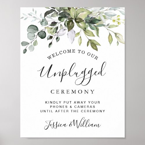 Watercolor Eucalyptus Unplugged Wedding Ceremony Poster