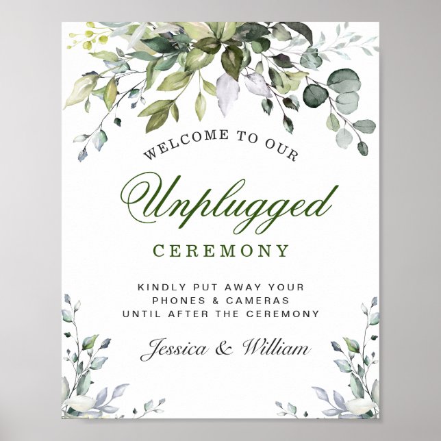 Watercolor Eucalyptus Unplugged Wedding Ceremony Poster (Front)