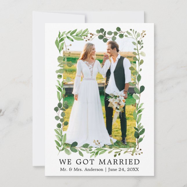 Watercolor Eucalyptus We Got Married Wedding Announcement (Front)