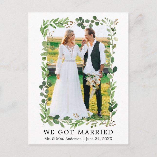 Watercolor Eucalyptus We Got Married Wedding Postcard (Front)