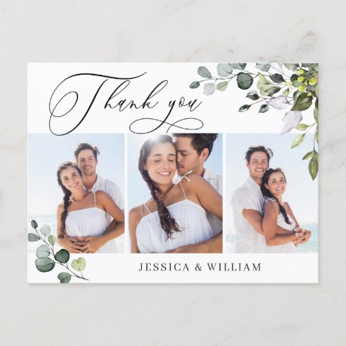 Watercolor Eucalyptus Wedding 3 Photo Thank You Postcard