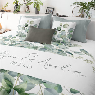 Watercolor Eucalyptus Wedding Date Duvet Cover
