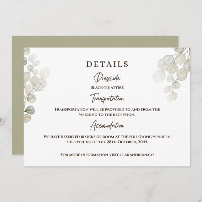 Watercolor Eucalyptus Wedding Details  Invitation (Front/Back)