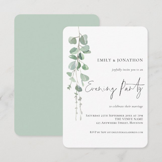 Watercolor Eucalyptus Wedding Evening Party Invitation (Front/Back)