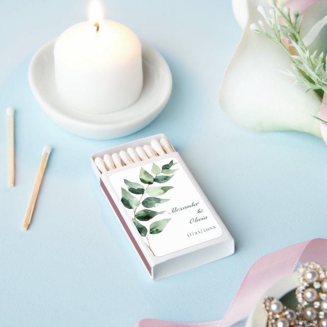 Watercolor Eucalyptus Wedding Favor | White Matchboxes (Insitu)