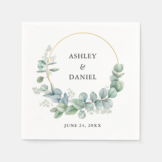 Watercolor Eucalyptus Wedding Gold Frame Napkins (Front)