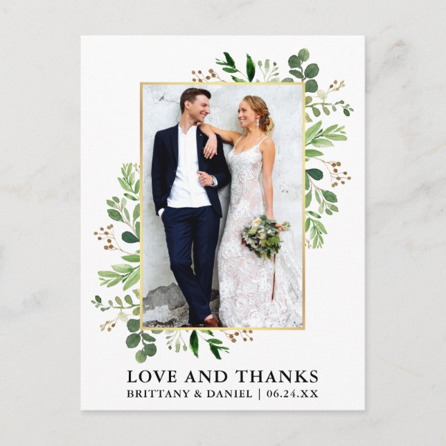 Watercolor Eucalyptus Wedding Gold Love Thanks Postcard (Front)