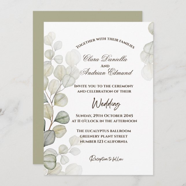 Watercolor Eucalyptus Wedding Invitation (Front/Back)