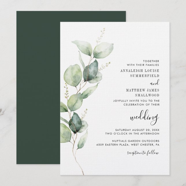 Watercolor Eucalyptus Wedding Invitation (Front/Back)