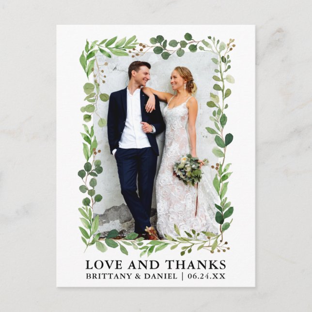 Watercolor Eucalyptus Wedding Love and Thanks Postcard (Front)