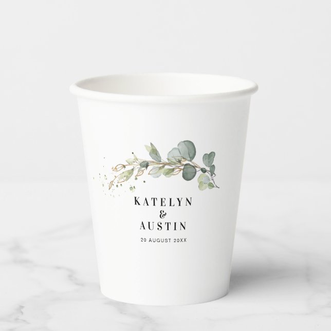 Watercolor eucalyptus wedding paper cups (Front)