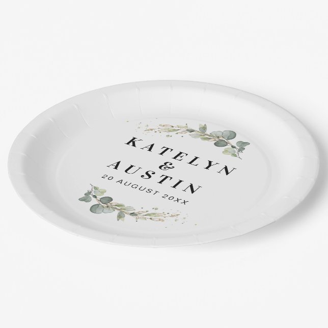 Watercolor eucalyptus wedding  paper plates (Angled)