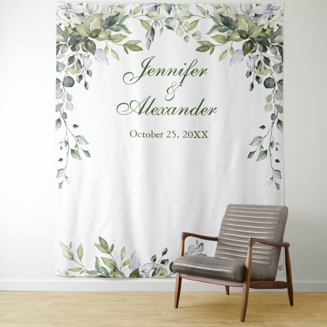 Watercolor Eucalyptus Wedding Photo Booth Backdrop (In Situ)