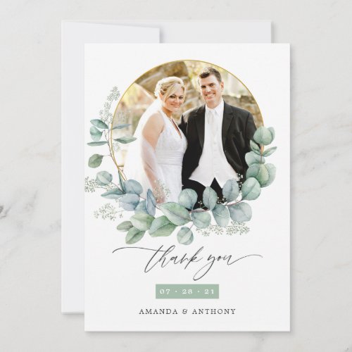 Watercolor Eucalyptus Wedding Photo Collage Thank You Card