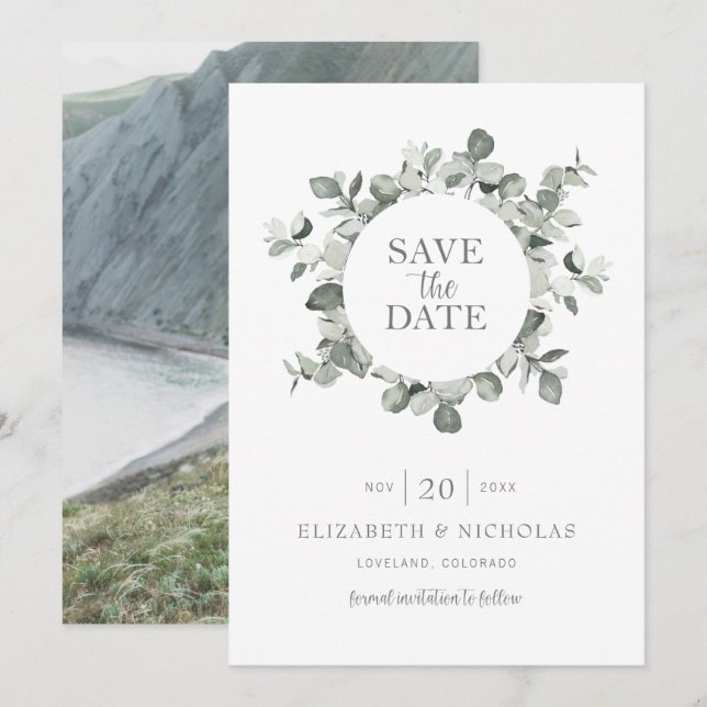 Watercolor Eucalyptus Wedding Photo Save The Date (Front/Back)