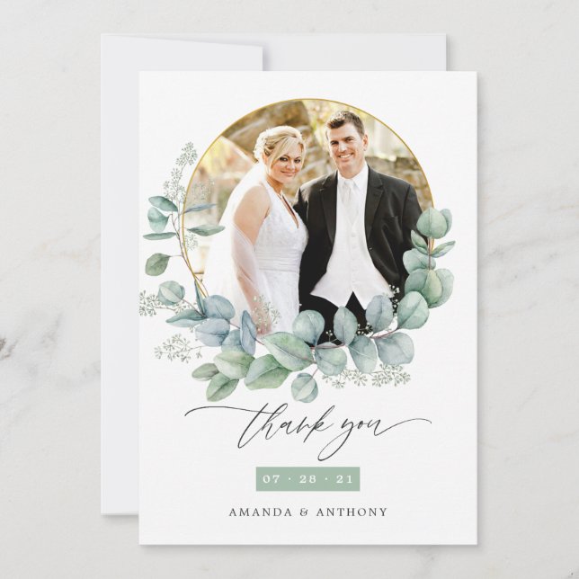 Watercolor Eucalyptus Wedding Photo Thank You Card (Front)