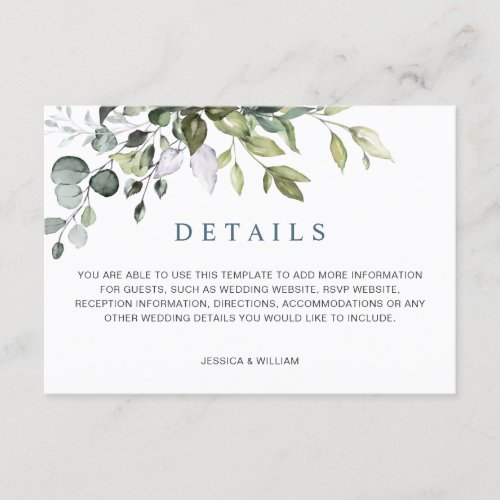 Watercolor Eucalyptus Wedding Reception Details Enclosure Card