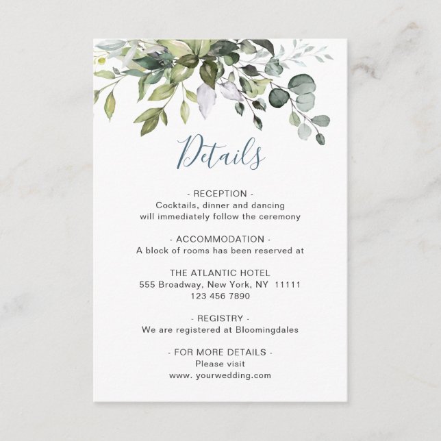Watercolor Eucalyptus Wedding Reception Details Enclosure Card (Front)