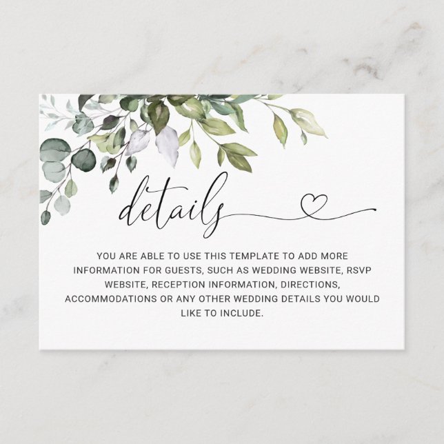 Watercolor Eucalyptus Wedding Reception Details Enclosure Card (Front)
