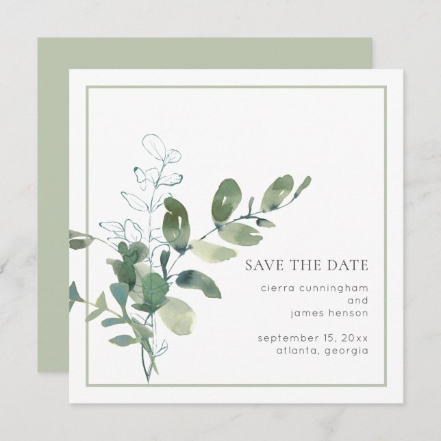 Watercolor Eucalyptus Wedding Save The Date (Front/Back)