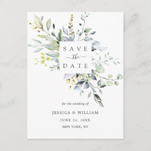Watercolor Eucalyptus Wedding Save the Date Announcement Postcard