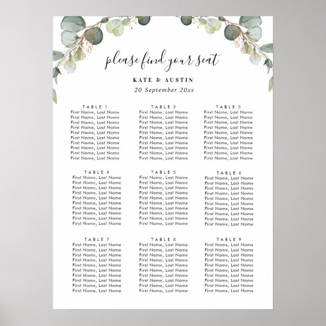 watercolor eucalyptus wedding seating chart (Front)