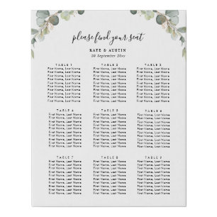 watercolor eucalyptus wedding seating chart faux canvas print