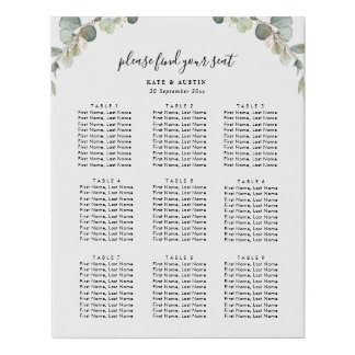 watercolor eucalyptus wedding seating chart faux canvas print
